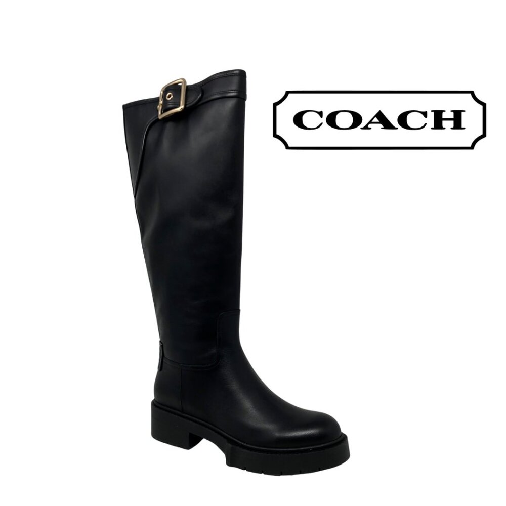 NWB COACH Women's Lilli Buckled-Strap Leather Riding Boot 7, Black